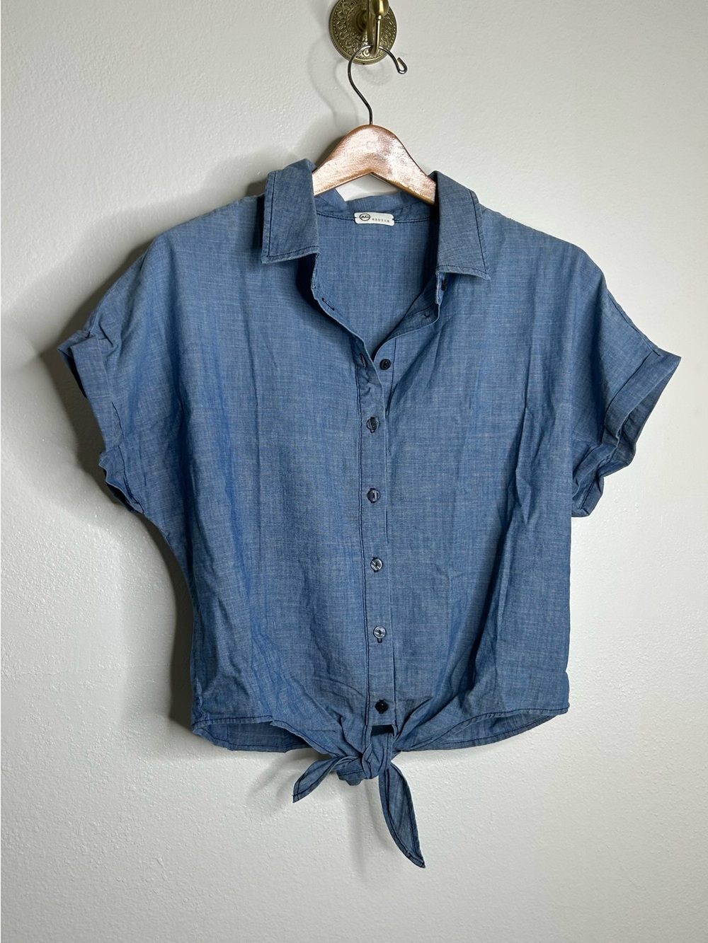 AG 100% Cotton Denim Chambray Button Down Tie Front Short Sleeve Boxy Blouse Top
